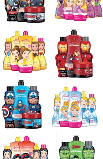 As coleções Princesas e Vingadores trazem produtos para os cuidados com o cabelo e corpo das crianças. Crédito: Divulgação.